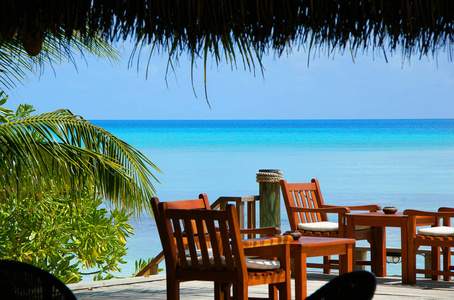 美丽的景色在绿松石海泻湖与蓝天从热带马尔代夫岛。 自然假日假期背景概念。 令人惊叹的绿色铁木棕榈花园家具和蓝色水域。