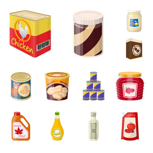 罐头和食物标志的被隔绝的对象。股票的罐头和包装矢量图标集