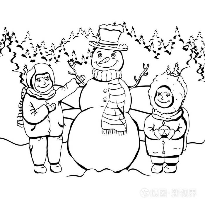 在森林里的雪和雪花中,画了可爱的男孩,女孩和雪人