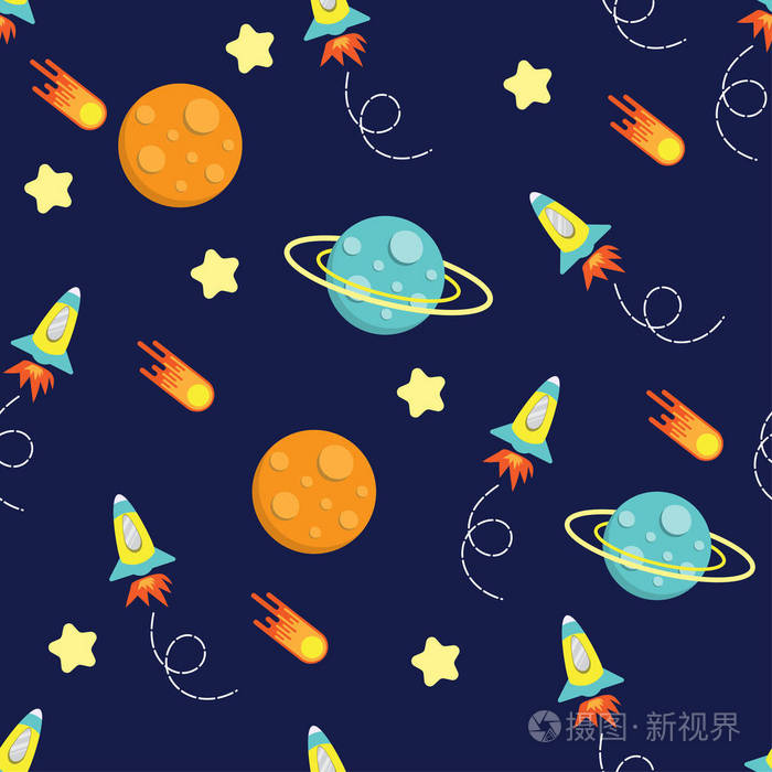 卡通儿童火箭星系图案无缝矢量设计