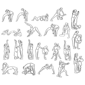 一组健身妇女做瑜伽与教练矢量插图素描涂鸦手画黑线隔离在白色背景