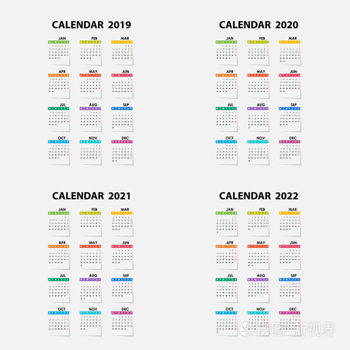 日历2019,2020,2021和2022日历模板.日历设计.