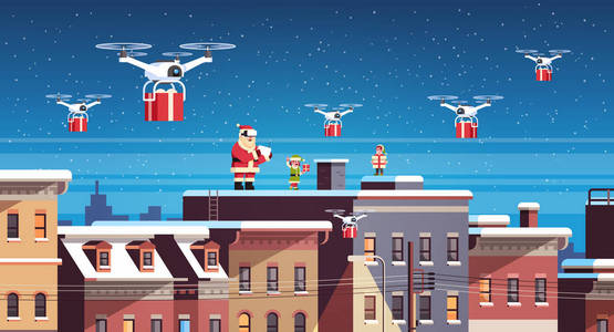 圣诞老人与精灵在屋顶举行控制器无人机交付目前服务快乐新年快乐圣诞假期概念平水平