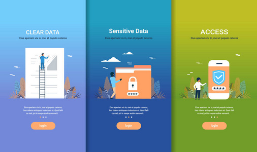 网页设计模板设置清晰的数据敏感数据访问概念不同的业务收集平面复制空间矢量插图