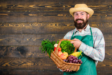 草帽呈现新鲜蔬菜。篮子里有土生土长的蔬菜的。人胡子农夫展示生态蔬菜木的背景。柳条篮中新鲜有机蔬菜