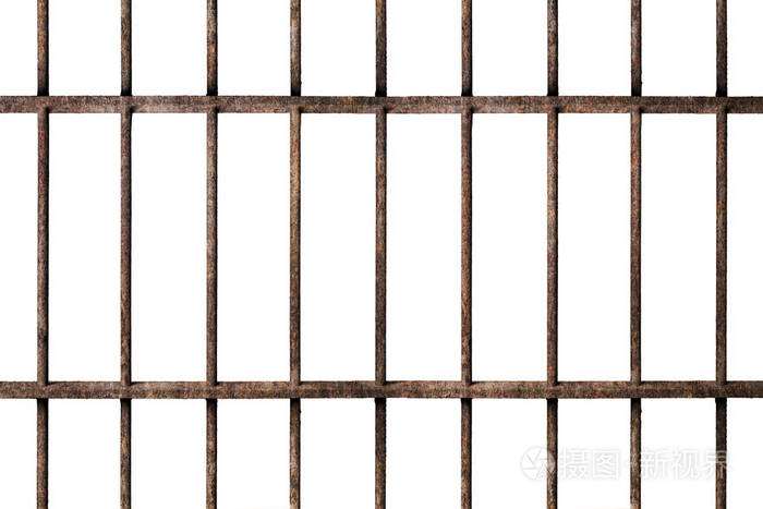旧监狱生锈的金属酒吧牢房锁隔离在白色背景上