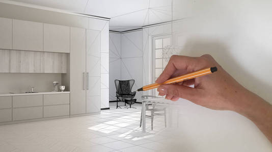 建筑师室内设计师的概念手工绘制设计室内项目，而空间成为真正的经典厨房与木制和米色的细节餐桌铺设两个