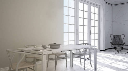 未完成的项目草案经典厨房餐桌铺设两把椅子和人字形镶板全景窗口极简主义现代室内设计