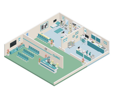 现代等距医生诊所场景室内设计，适用于游戏资产信息图表网页横幅打印设计图等相关场合。