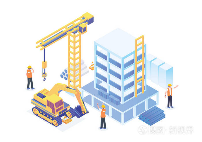 插画 现代等距建筑工地开发进度说明,适用于图表,信息,书籍,插图,游戏