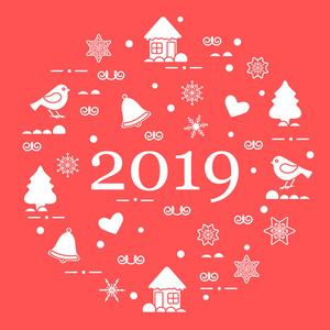 新年快乐2019年卡。 圣诞树，鸟，房子，姜饼，铃铛，星星，心，雪花。
