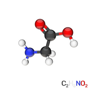 甘氨酸模型分子。 孤立在白色背景上。 三维渲染插图。