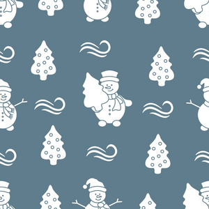 新年快乐2019和圣诞节无缝图案。 雪人和圣诞树的矢量插图。 包装织物印花的设计。