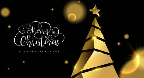 圣诞快乐新年豪华贺卡插图，现实的3D实心金松树黑色背景与节日排版报价和模糊灯。