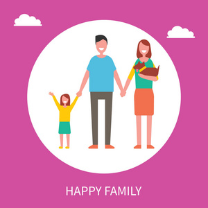 快乐家庭矢量海报与父母, 女儿