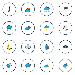 天气图标颜色线设置与百分比, 多云天, 程度和其他比例元素。隔离的矢量插图天气图标