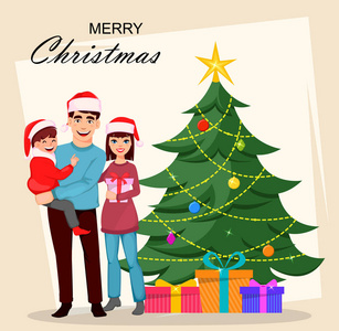 圣诞节和新年贺卡与幸福的家庭和装饰圣诞树。 矢量插图
