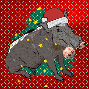新年贺卡。 野猪装饰圣诞树球。