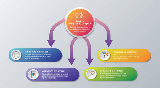 创造性信息图形模板业务数据可视化。 流程图。 带有步骤选项部分或过程的图形图的抽象元素。 用于演示的矢量业务模板。