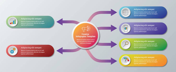 创造性信息图形模板业务数据可视化。 流程图。 带有步骤选项部分或过程的图形图的抽象元素。 用于演示的矢量业务模板。