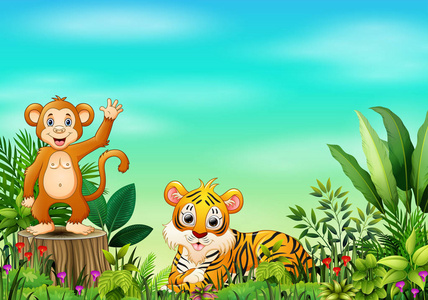 猴子站在树桩和老虎的自然景象图片