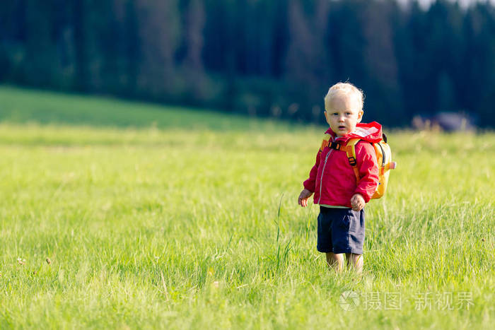 小男孩在绿色草地上背包徒步旅行. 年幼的孩子在度假徒步旅行.