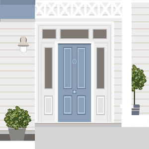 房屋门前有门阶窗台阶灯植物建筑入口立面外部入口设计插图矢量等平面样式