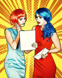 喜剧流行艺术中年轻女性的肖像构成风格。 穿着红色和蓝色假发和连衣裙的女性正在阅读黄色橙色卡通背景的信