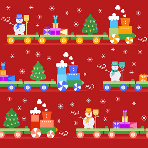 无缝图案与圣诞火车携带圣诞树雪人与扫帚礼物。 新年快乐2019年圣诞卡。