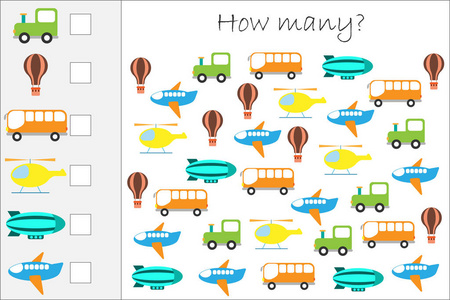 有多少计数游戏与运输儿童教育数学任务发展逻辑思维学前工作表活动计数和写结果向量