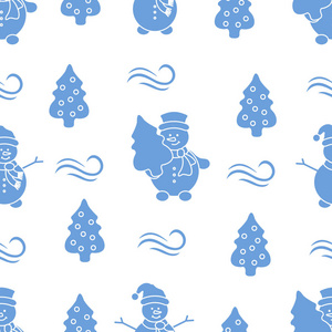 新年快乐2019和圣诞节无缝图案。 雪人和圣诞树的矢量插图。 包装织物印花的设计。