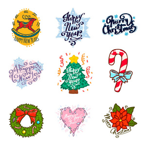 大设置的刻字圣诞快乐和新年快乐排版标志。矢量设计可用于横幅贺卡礼品等