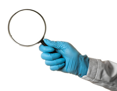 s hand is holding a magnifying glass on a white isolated backgro