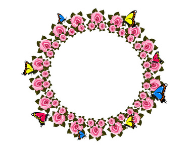 美丽的花环，粉红色的玫瑰和蝴蝶孤立在白色的背景上