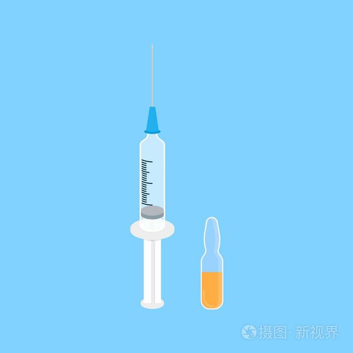 医用注射器注射针头和疫苗玻璃瓶平面设计矢量插图隔离在浅蓝色背景