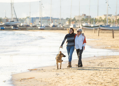 快乐的高级母亲，她的成年女儿和德国谢帕德狗花时间在日落光的海滩上散步，在幸福的家庭时刻，宠物动物享受狗友好的旅游和退休。