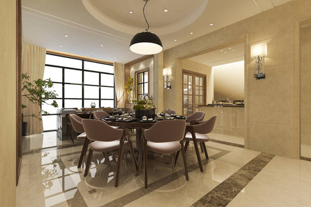 3D渲染现代化餐厅和带有豪华装饰的客厅