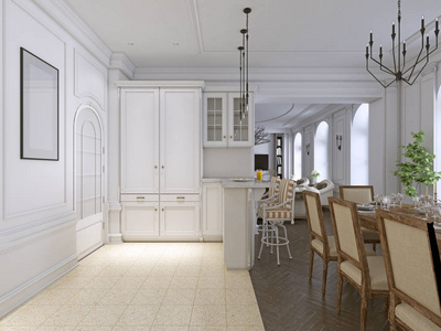 经典厨房与木制和白色细节室内设计。 3D渲染