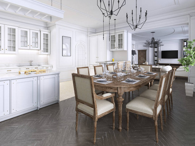 豪华经典内部餐厅厨房和客厅与白色和棕色家具和金属吊灯。 3D渲染