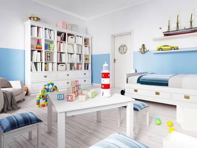 s room decor with white furniture, floor and colorful additions 