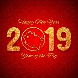 新年猪2019年金色闪光设计红色背景中国占星术符号。