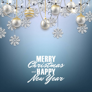 圣诞快乐新年装饰明信片，闪亮的球，闪闪发光的雪花，珠子和灯。