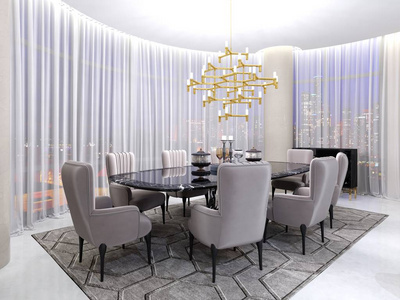 艺术装饰室与一张桌子和豪华扶手椅8人和一个大型镀金吊灯和大型全景窗户和薄纱谈判。 3D渲染