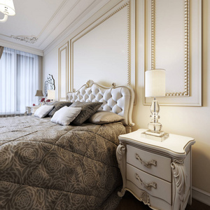 经典床与床头柜和夜灯艺术装饰卧室风格。 三维渲染。