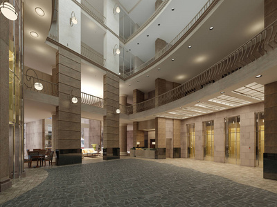 现代酒店大堂内部。 三维渲染
