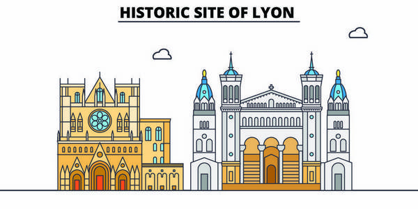 里昂历史遗址线旅游地标, 天际线, 矢量设计。里昂线性插图的历史遗迹