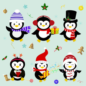 一套六个幸运的圣诞企鹅角色在不同的帽子和配件。庆祝新年和圣诞节。动画片样式, 向量