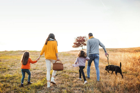 秋天自然中, 带着两个小孩和一只狗散步的家庭的后视镜