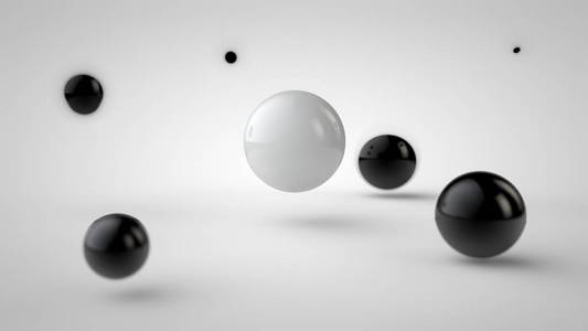 不同景深的球群的图像，黑色的落影，随机位于空间，一个白色的球在中心，在白色的背景上。3D绘制。