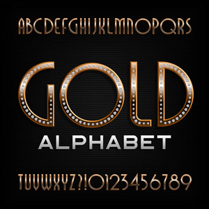 华丽的金色字母字体。 艺术装饰金字母和数字与钻石宝石。 股票矢量排版为您的设计。